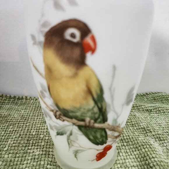 Vintage Satin Glass Vase with Parrot Bird Design Gold Rim 8.5" - Picture 2 of 9